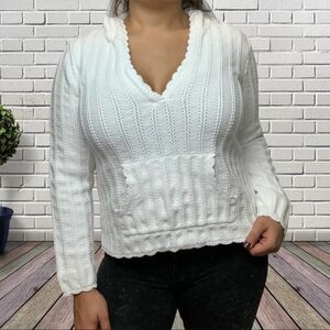 Sonoma Hooded Sweater Knitted Solid White V Neck Long Sleeve 100% Cotton size M